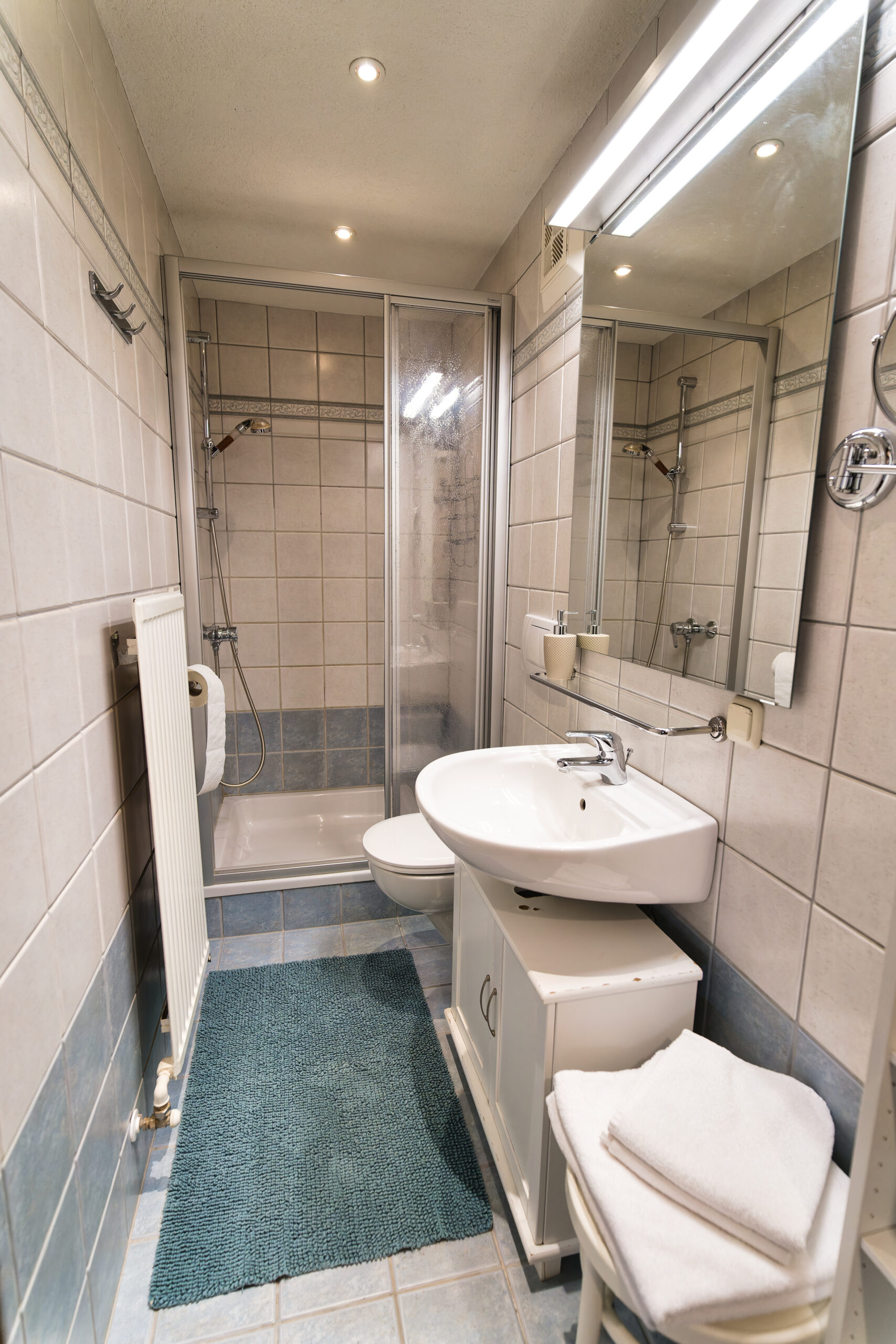 Modernes Bad mit Dusche, WC und Waschbecken.