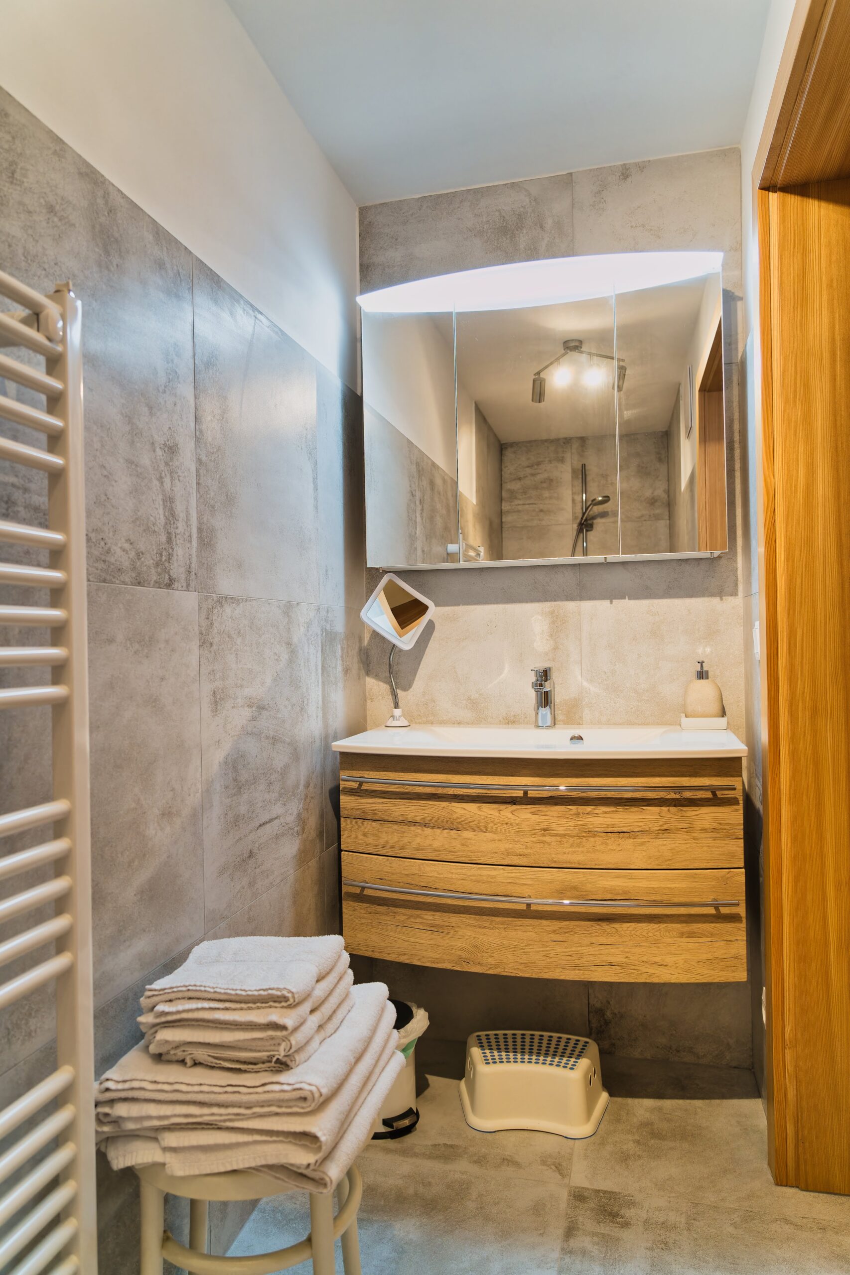 Modernes Badezimmer mit Dusche und Waschbecken.